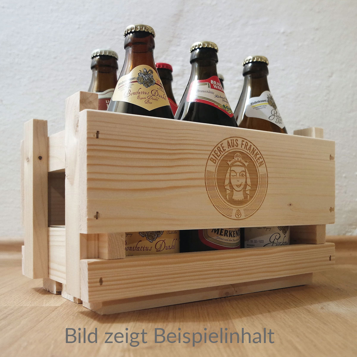 Geschmackvolle Geschenkidee zu jedem Anlass: die handgemachte Holzkiste mit 6 besten fränkischen Bieren